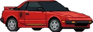 A red pixel car driving through the showroom.