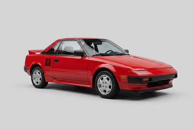 A red car photographed from the front at an angle.