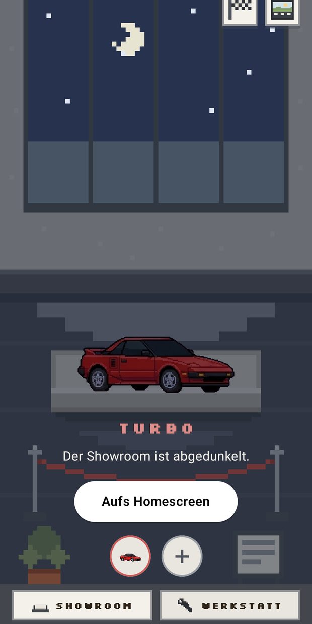 The showroom at night: stars in the window, the car lit on its podium.